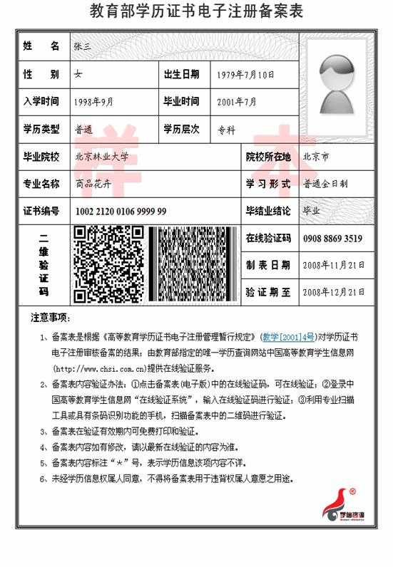 《教育部學(xué)歷證書電子注冊(cè)備案表》樣本